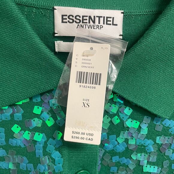 NWT Essentiel Antwerp Sequin Glitz Polo Top Short Sleeve Hulk Green Womens XS - Picture 7 of 11